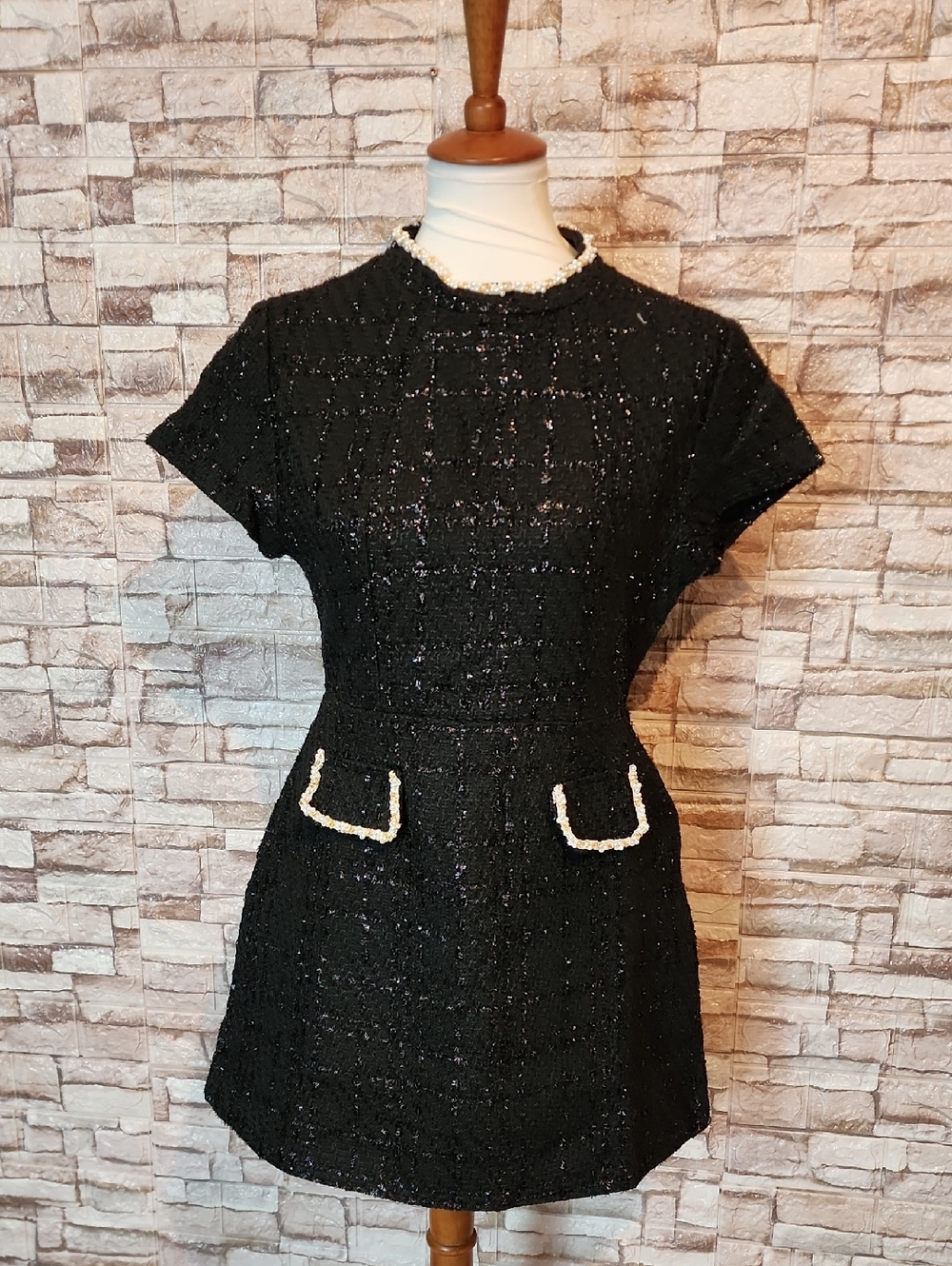 HL Affair Black Tweed Short Sleeve Dress with Pearl Trim